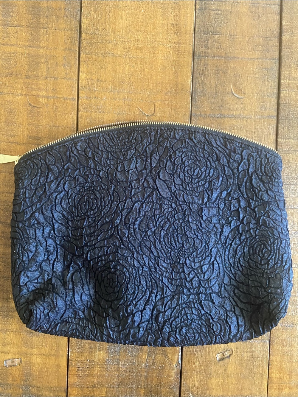 Vince Camuto Textured Floral Embossed Black Makeup Pouch Bag